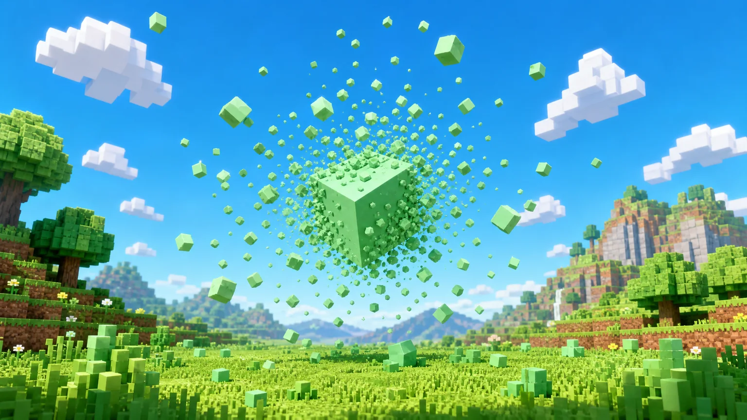 A green cube bursting into floating cubes