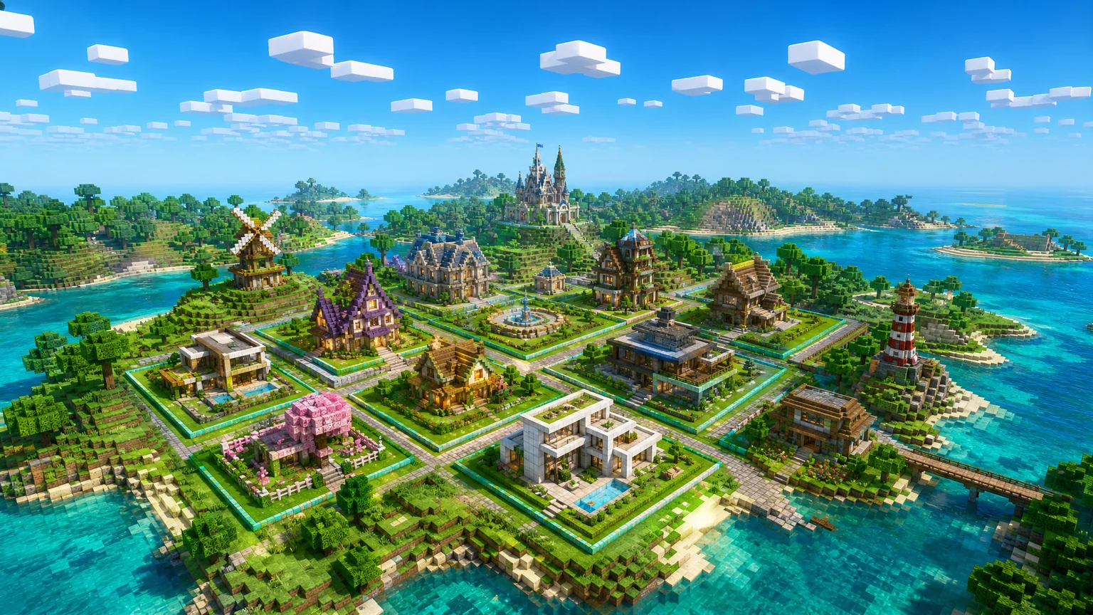 An island of player built plots at golden hour