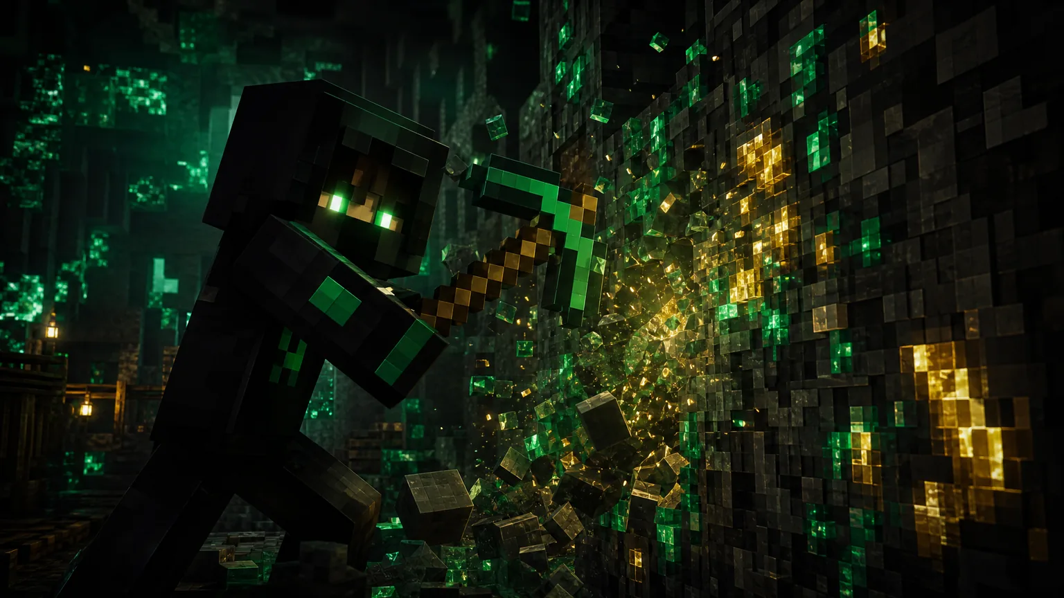 A miner breaks into a vein of green and gold ore