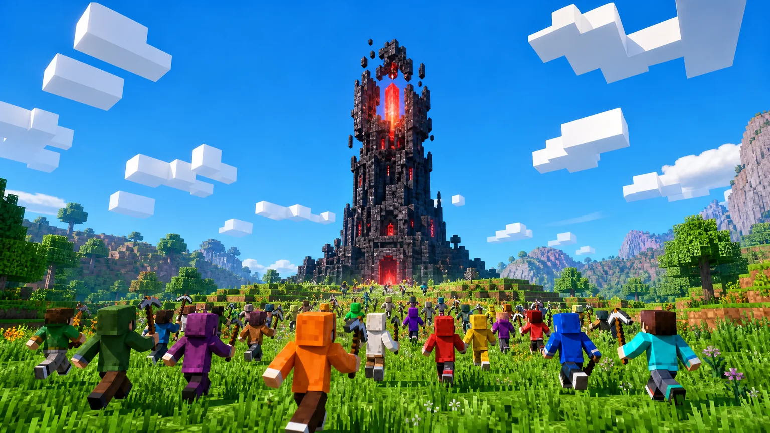 Players swarm a Short Tower with a glowing red core